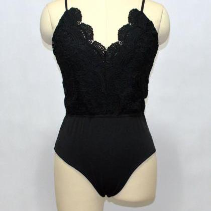 lace plunge bodysuit featuring detailing open